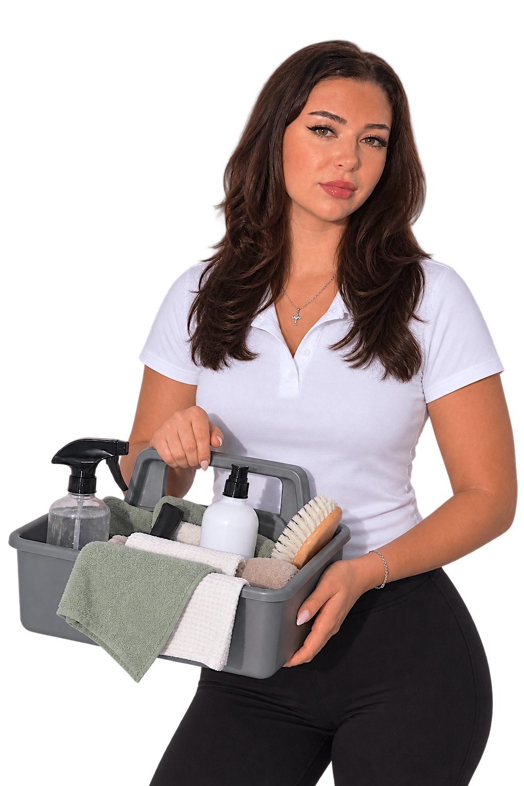 Owner of Clementine Cleaning holding a cleaning caddy